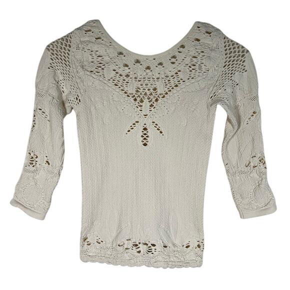 Intimately Free People Eyelet Cut Out Knit Top Blouse XS Beige 3/4 Sleeve Boho - Picture 1 of 3